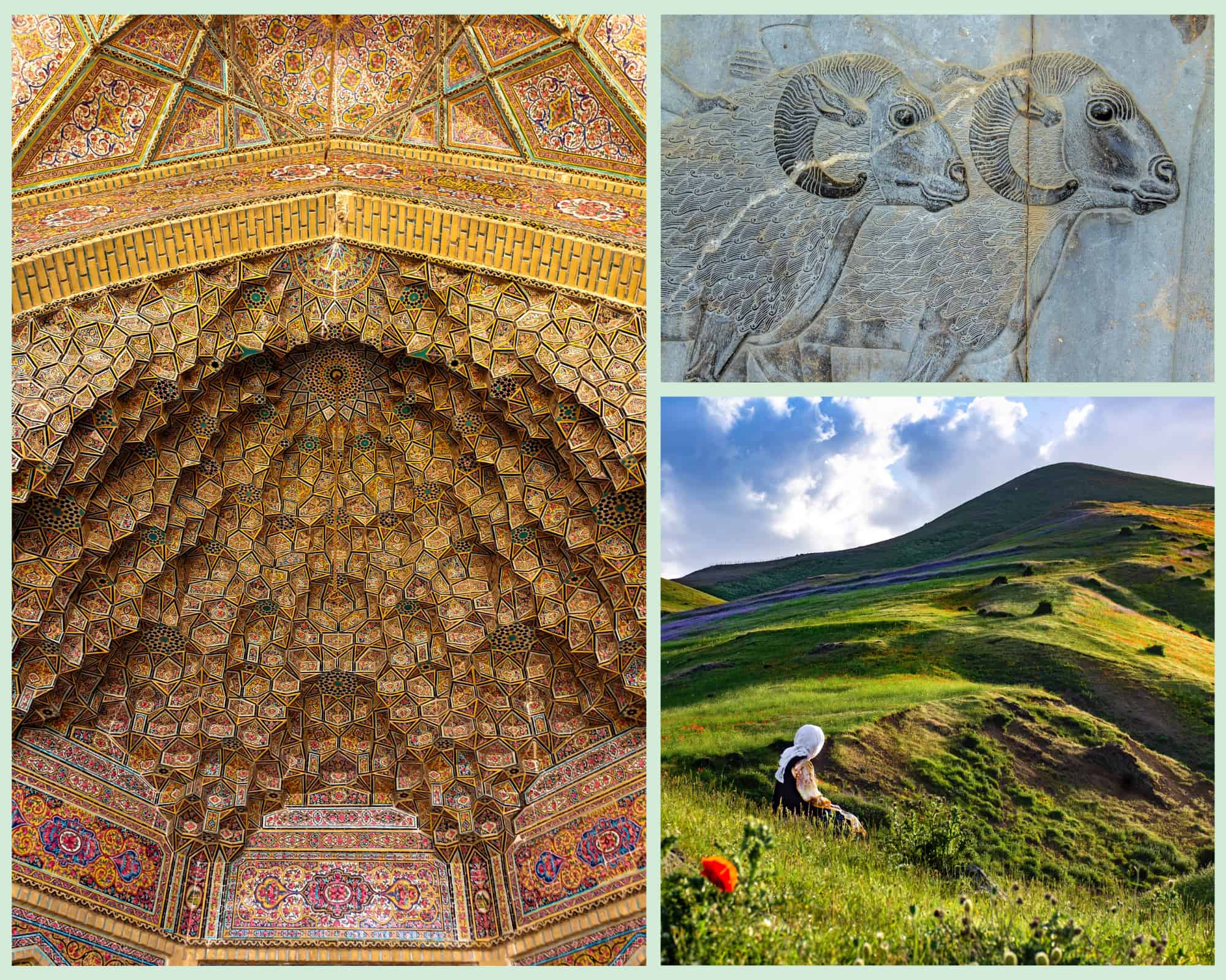 beautiful mosque architucture on the left, old monument on the top right, and beautiful countryside on bottom right